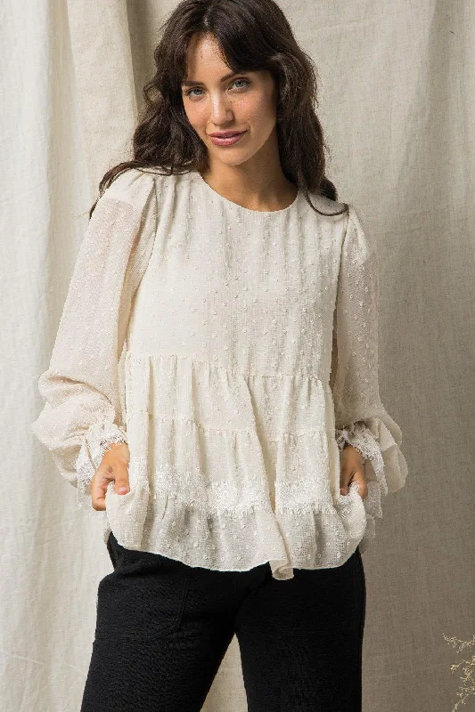 Swiss Dot Top With Contrasting Lace Detail - Natural Geometric