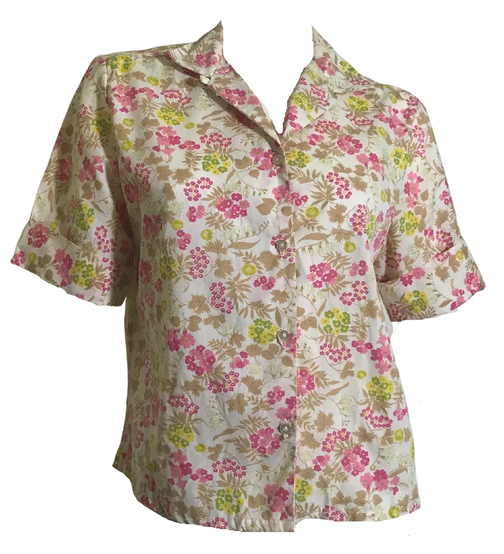 Pink and Tan Floral Cotton Blend Button Down Blouse circa 1960s Sophisticated Women's 