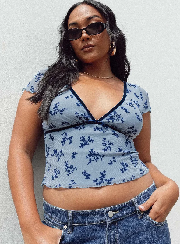 Motel Evilia Top Light Blue Black Botanist Flocking Traditional Women's Wool