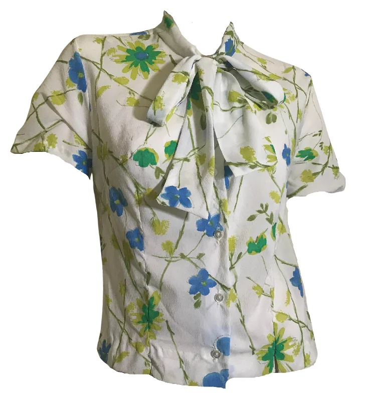 Bright Aqua Blue Floral Print Bow Trimmed Blouse circa 1960s Compression