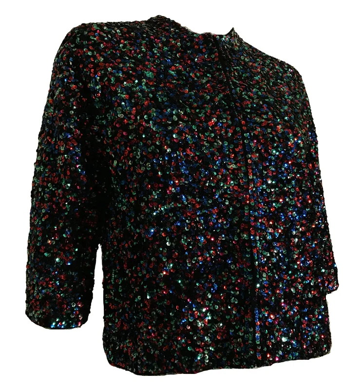 Fireworks! Glittering Red, Blue and Green Sequined Black Sweater circa 1960s Trendy Women's Oversized