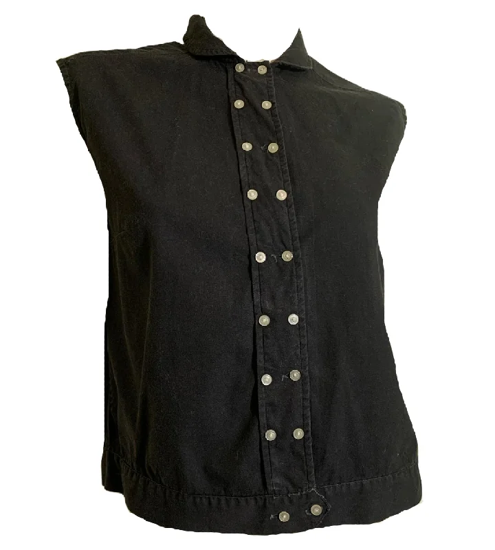 Double Button Black Sleeveless Cotton Blouse circa 1960s Unique Women's Upcycled