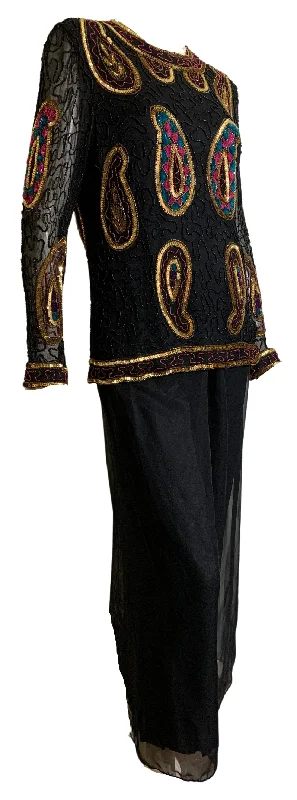 Black Sheer 1920s Style Beaded Tunic and Palazzo Pants circa 1990s Disco