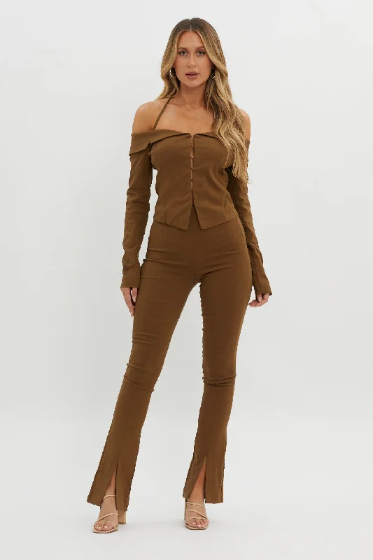 Zuzana Split Hem Flare Pants Brown