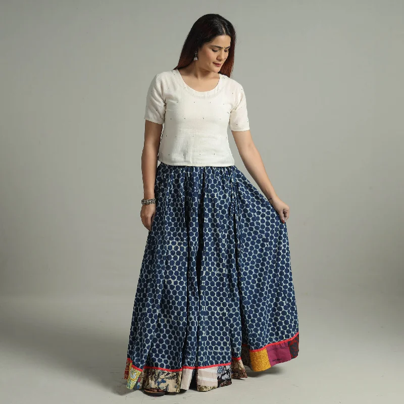 Blue - Indigo Block Printed 24 Kali Patchwork Cotton Long Skirt 26