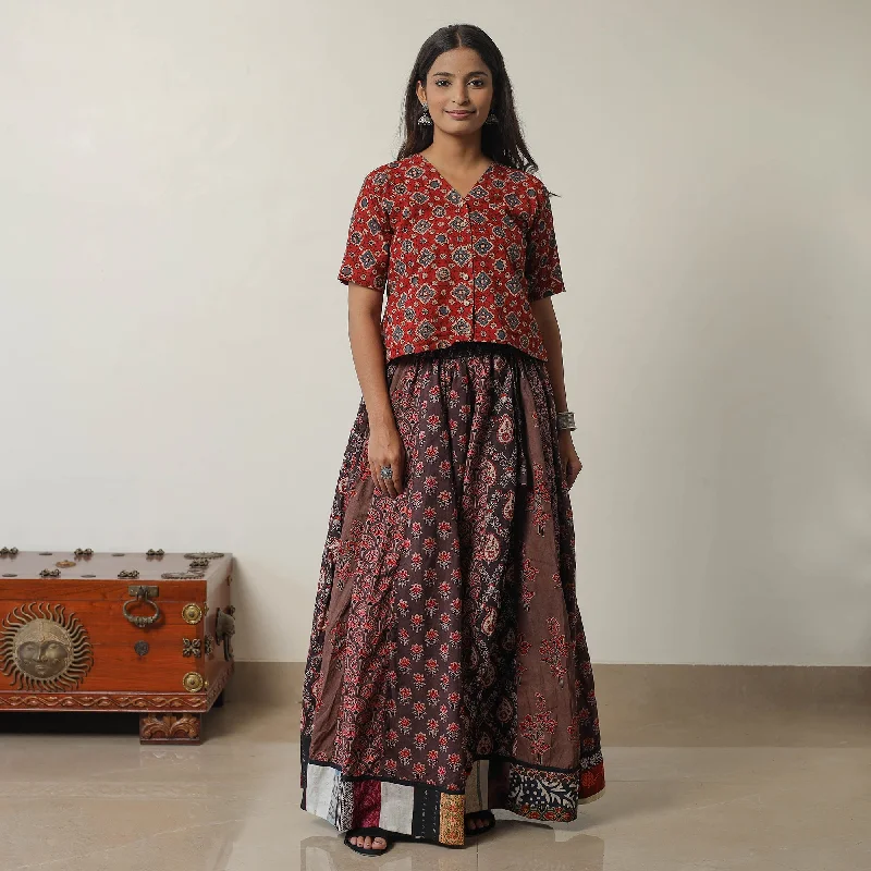 Multicolor - Ajrakh Block Printed 24 Kali Patchwork Cotton Long Skirt 03