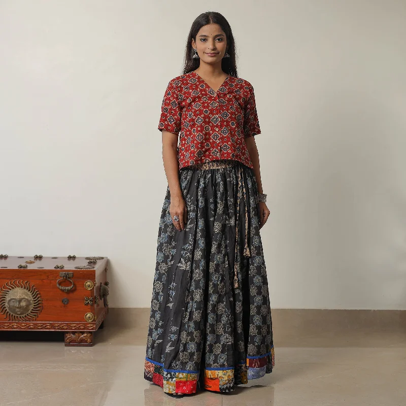 Multicolor - Ajrakh Block Printed 24 Kali Patchwork Cotton Long Skirt 05