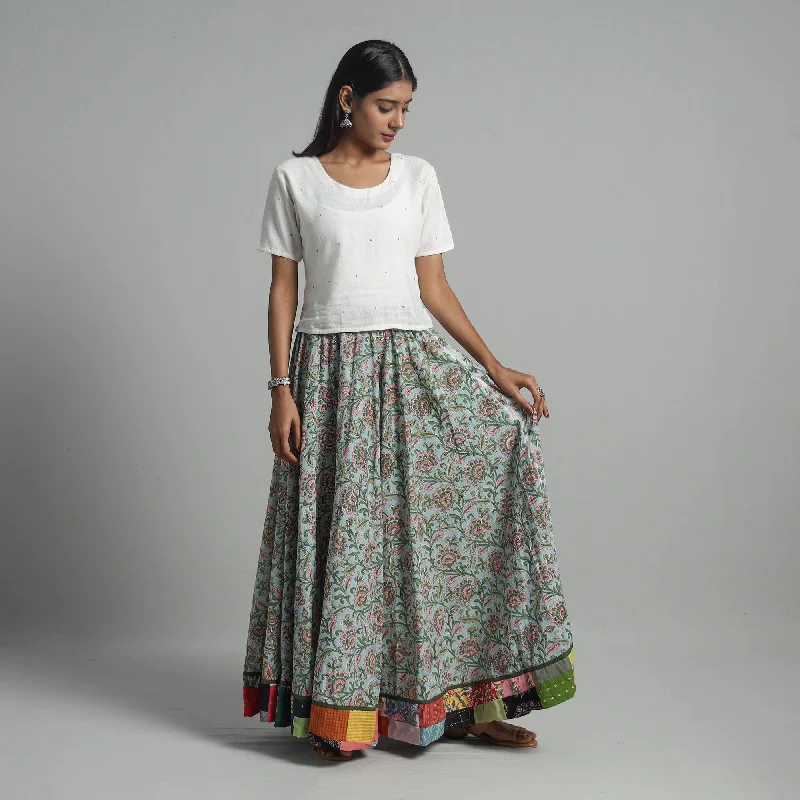 Green - Sanganeri Block Print Cotton Long Skirt 06