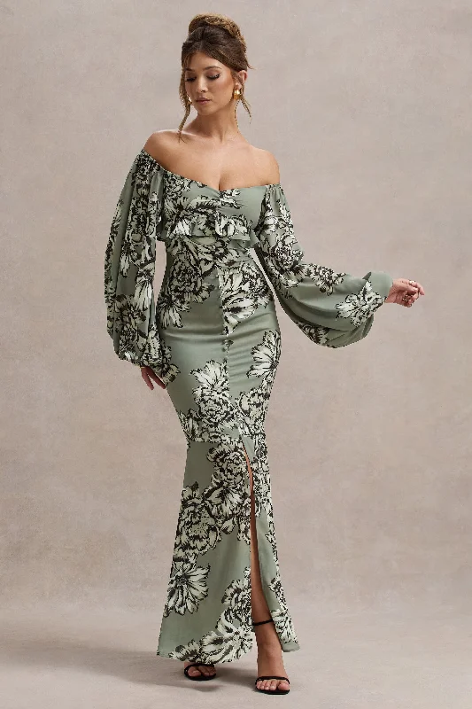 Murcia | Olive Floral Print Chiffon Puff-Sleeve Button Maxi Dress