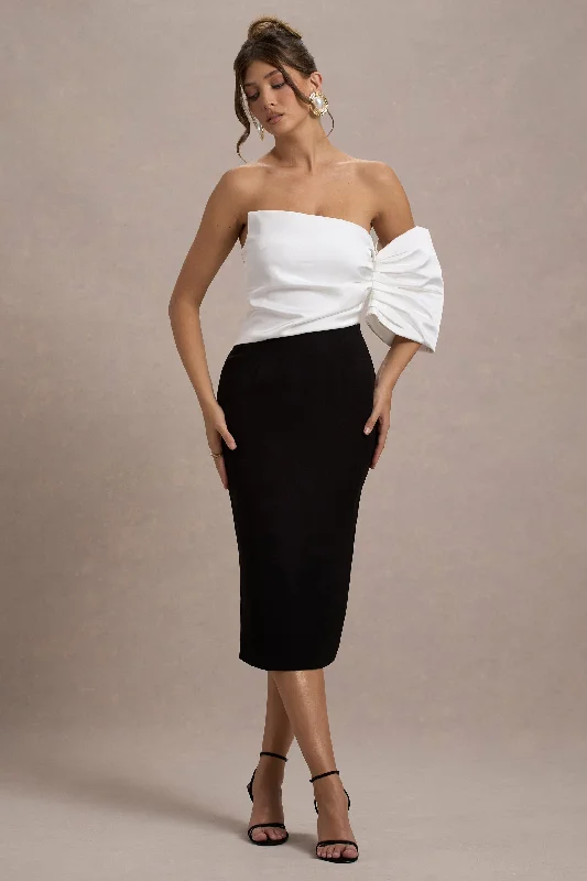 Perception | Black and White Asymmetric One-Sleeve Midi Dress Confident Women's Power