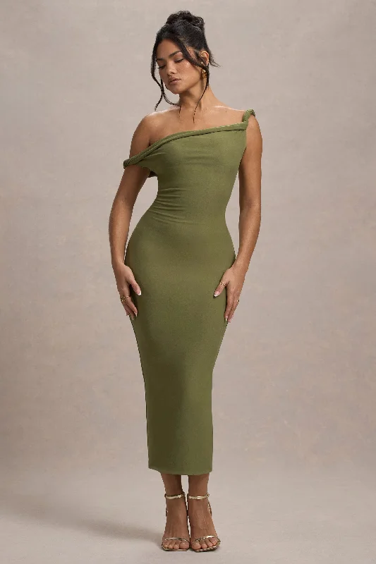 Salome | Olive Twisted Asymmetric Midi Dress