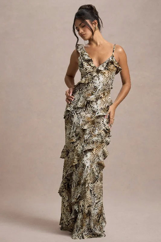 Wispy | Snake Print Plunge-Neck Ruffled Maxi Dress