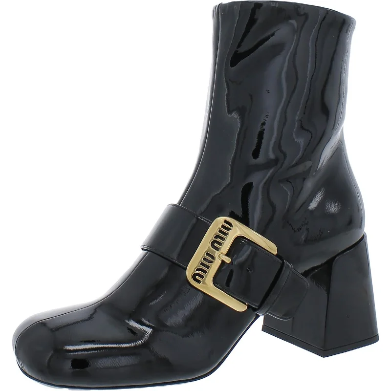 Miu Miu Womens Patent Leather Buckle Ankle Boots