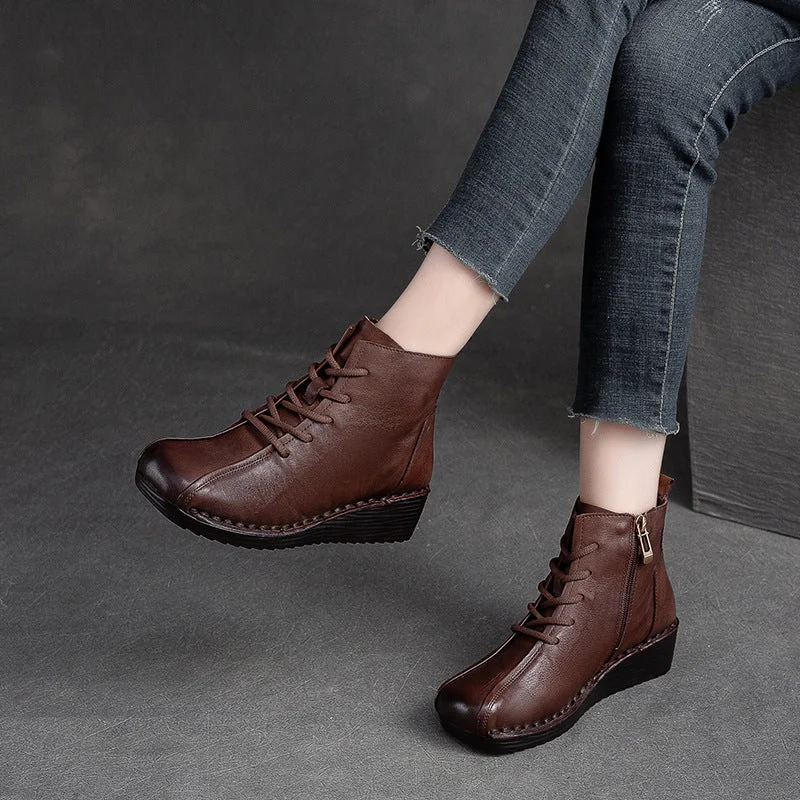 Women Retro Minimalist Leather Low Wedge Ankle Boots Adventure