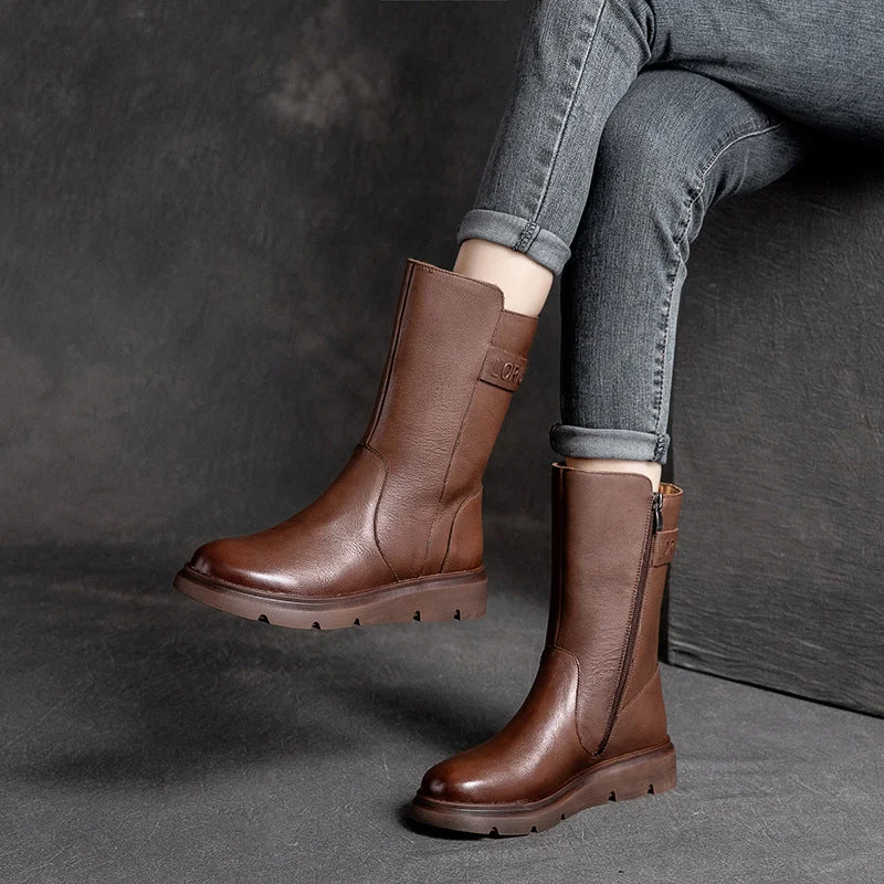 Women Solid Cowhide Casual Mid Calf Boots Monochromatic All - in - one