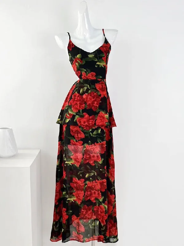 Blossoms Chiffon Red Floral Maxi Dress