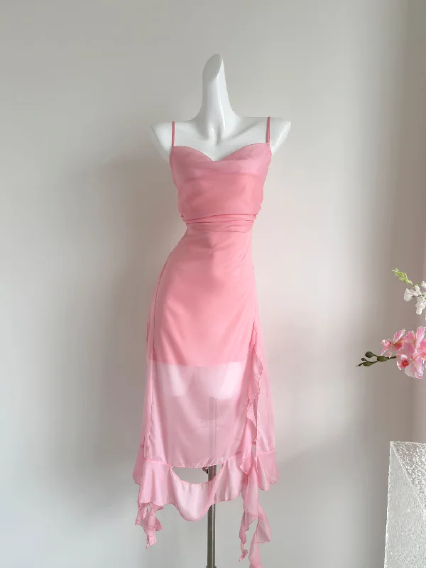 Chiffon Asymmetrical Skirt Pink Maxi Dress