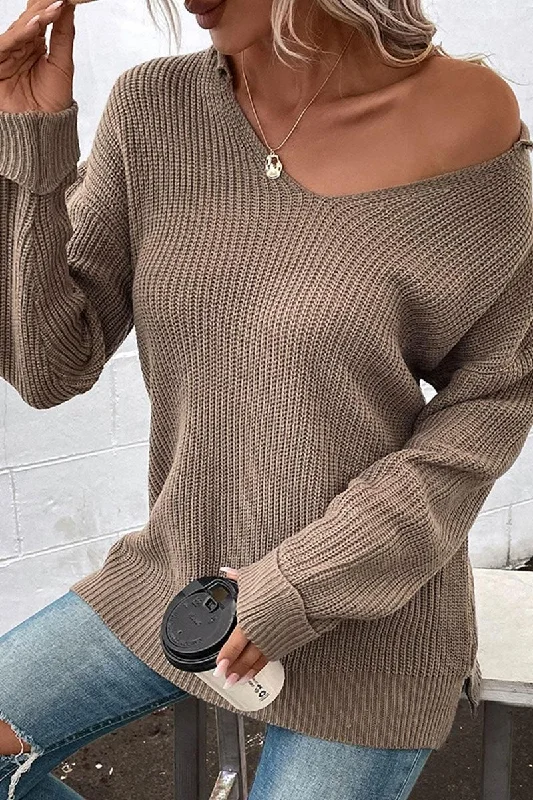 LONG SLEEVED SOLID V NECK KNIT TOP