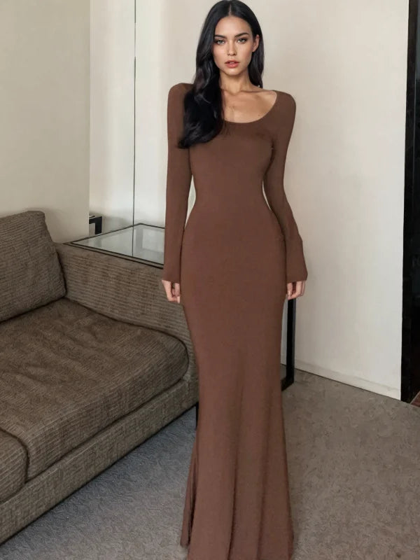 Subtle Curve-Enhancing Long-Sleeve Brown Maxi Dress