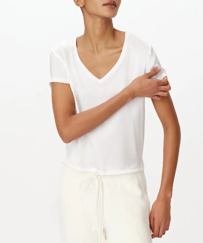 Stretch Charmeuse V-Neck Tee - White